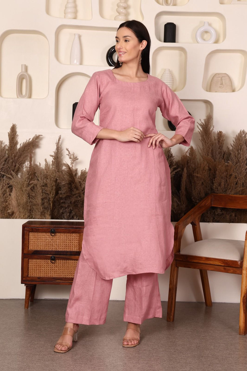 Elegant Dusty Rose Linen Kurta Set