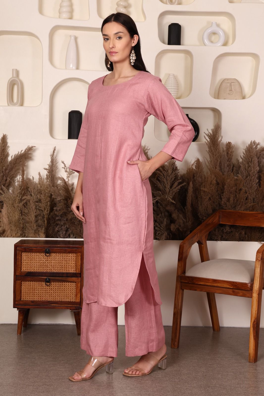 Elegant Dusty Rose Linen Kurta Set