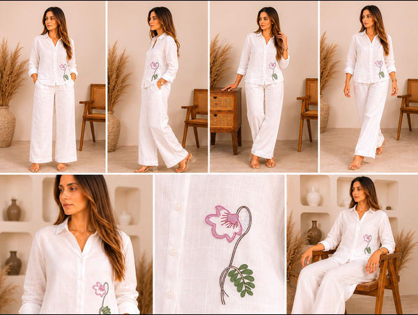 Pure linen White Flower Shirt