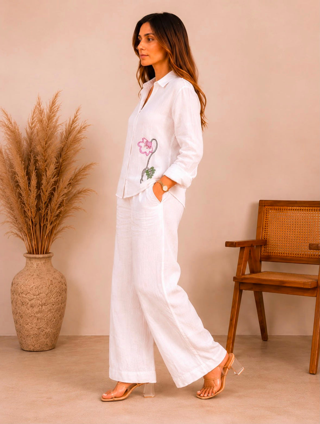 Pure linen White Flower Shirt