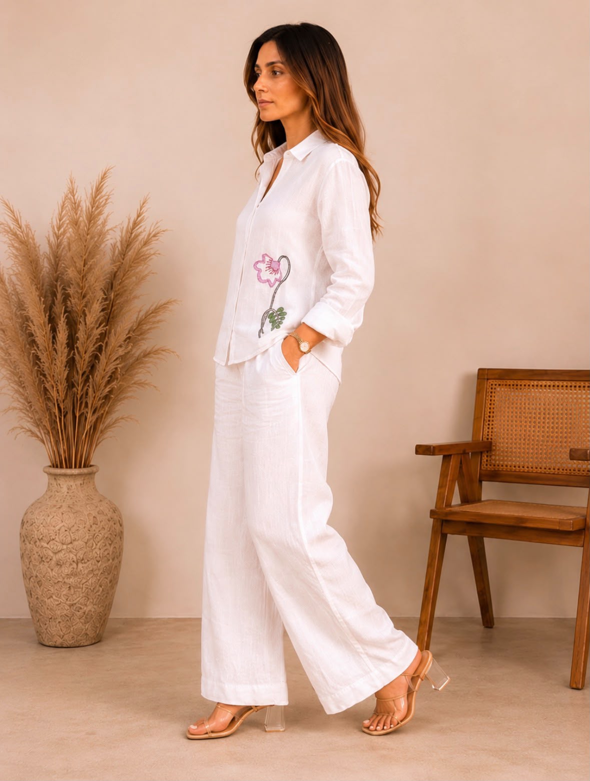 Pure linen White Flower Shirt